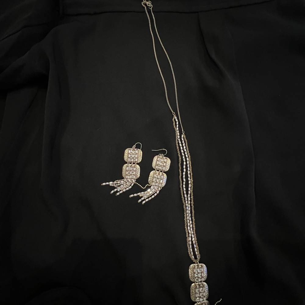 Elegant Gold and Silver with white beads Dangle Earrings and matching necklace